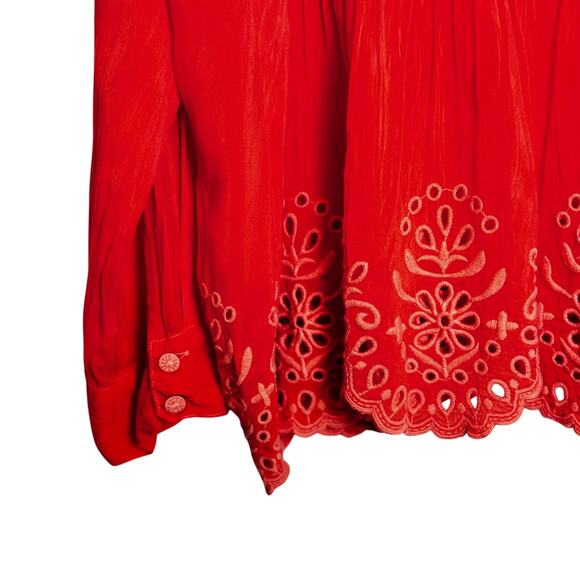 Johnny Was Peplum Top Womens L Red Embroidered Floral Scalloped Boho Cottagecore - Picture 7 of 13